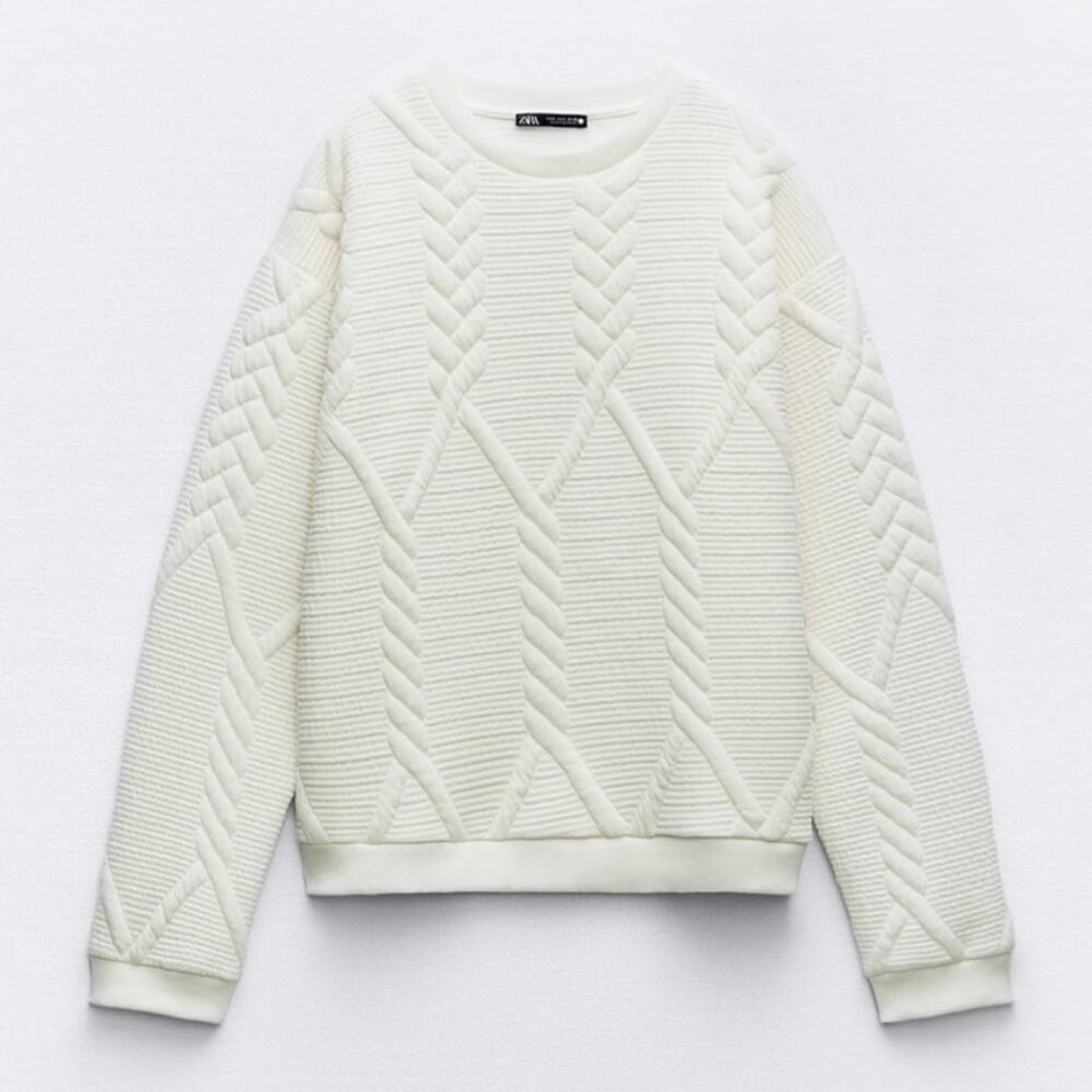 Zara White Quilted Pullover Sweatshirt Sweater Ribbed Knit Crewneck Small
